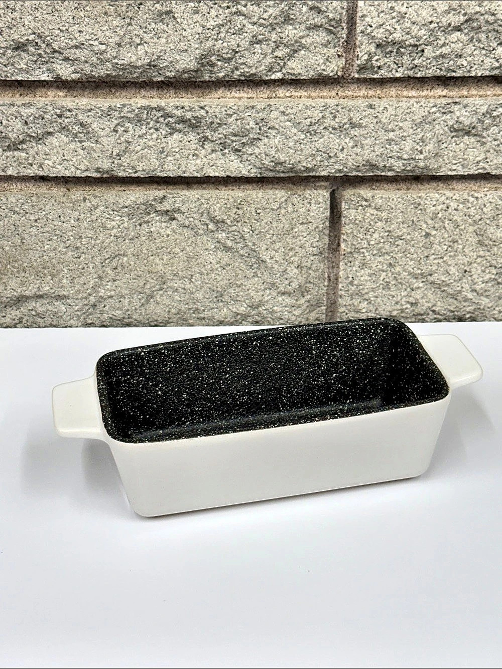 The Rock White Ceramic Rectangular Baking Dish Black Speckled Interior